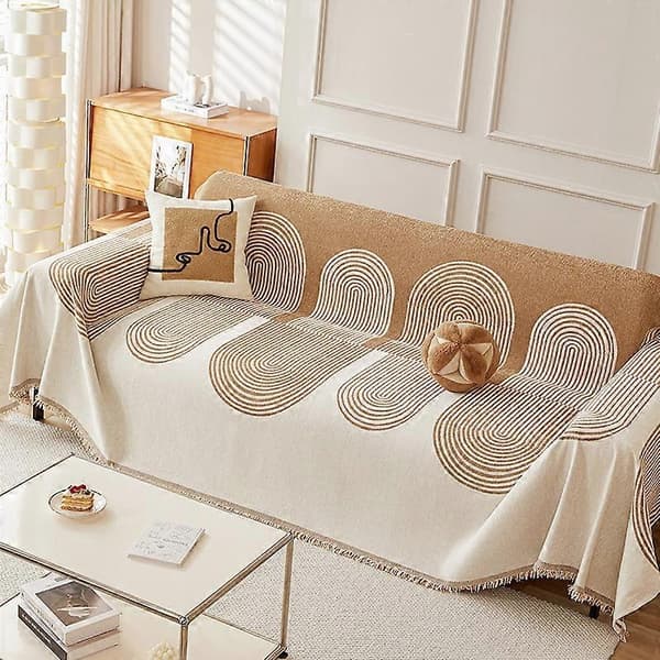 Vendbart Chenille Sofatrekk, Teppe for Hunder, Multifunksjonelt Sofatrekk, Geometrisk Linjemønster, Sklisikkert, med Dusk (Farge Beige)