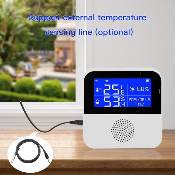 WiFi temperatur- och luftfuktighetsmätare, trådlös digital termometerhygrometer med LCD-display, summerlarm och appvarning, smart