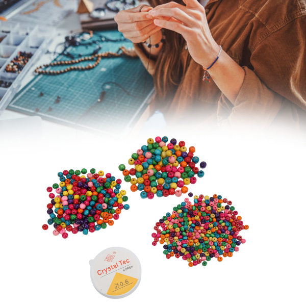 601 st blandade färger runda träpärlor 3 storlekar med fisktråd för smycken Armband Halsband Örhänge att göra DIY Craft