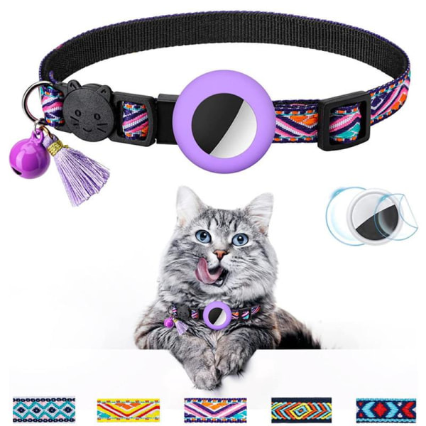 Kissan kaulapanta (S, violetti), kissan kaulapanta Bell Cat AirTag -pantalla Vedenpitävä AirTag turvasolki, kuristumisen estävä kissan kaulus, henkilökohtainen kissan panta