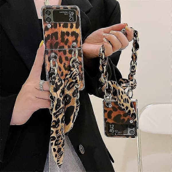 Leopard Pattern Case Compatible With Samsung Galaxy Z Flip 4, Shockproof Hard PC Case With Hand Strap