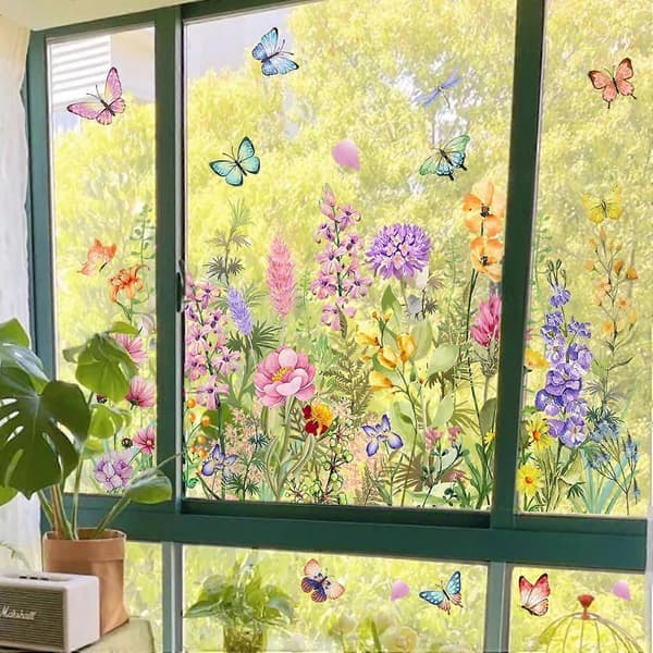 Villblomst Sommerfugl Levende Blomsterdesign Vindusdekaler Flyttbare Dekaler for Hjemmeinnredning A