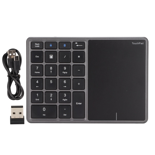 2 i 1 trådløs numerisk tastatur Touchpad 22 taster Trådløs BT4.2 2.4G Type C Opladning 500mAh batteri Numerisk tastatur Jerngrå