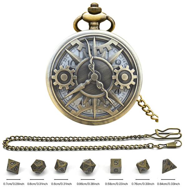 Mini DND terningesæt med steampunk bronze hulæske til lommeur, 7-delt polyhedralt metalsæt, Dungeons & Dragons gave