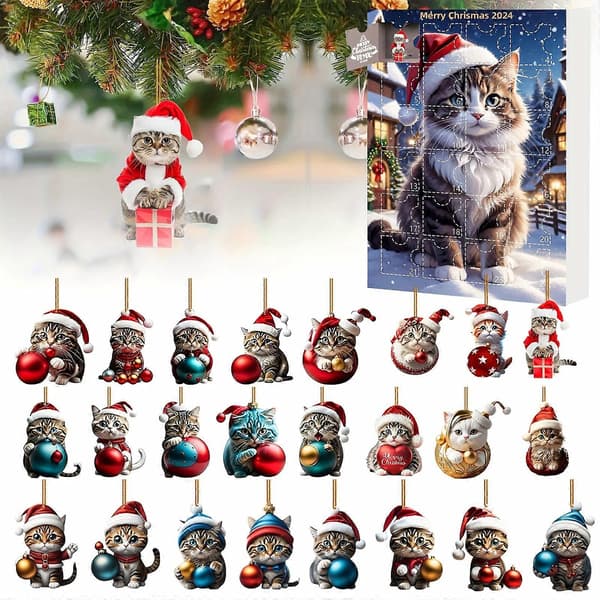 Julekalender med 24 dele - Katte-tema ornamenter og akryl julepynt