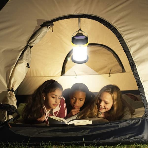 Gul - 1 sammenleggbar campinglykt, 2 solcelle- og USB-lademuligheter, 3 lysmoduser, sammenleggbar campinglykt og krok, egnet for camping