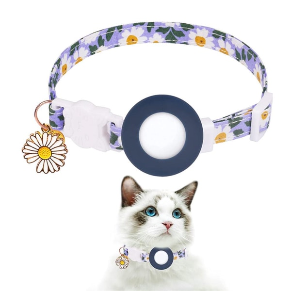 Kattehalsbånd - Blå kattehalsbånd Small Daisy Airtag Holder Vandtæt Airtag-sikkerhedsspænde, Antikvælende kattehalsbånd, Personlig kattehalsbånd