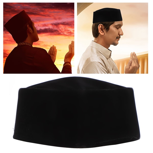 Muslimihattu Mies musta Kaakkois-Aasian malaijilainen islamilainen palvonta Pehmeä kultainen sametti ja pahvi kiinteä 59 cm