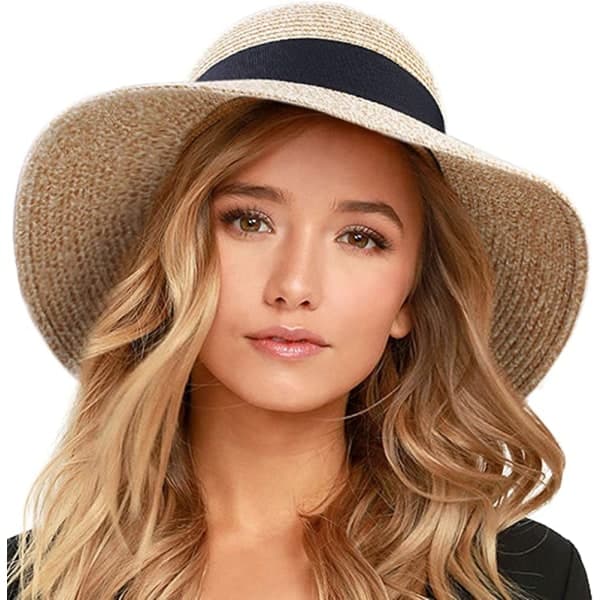 Dame stråhatt, bred brem, sammenleggbar, rullbar, solhatt, UPF
