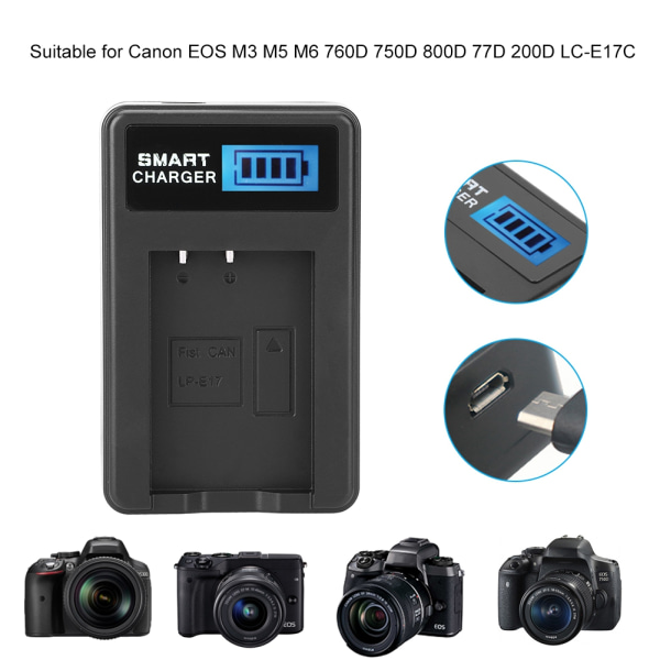 LP-E17 Batteriladdare Enkelplats USB laddning med LCD-skärm för Canon EOS M3 M5 M6 760D