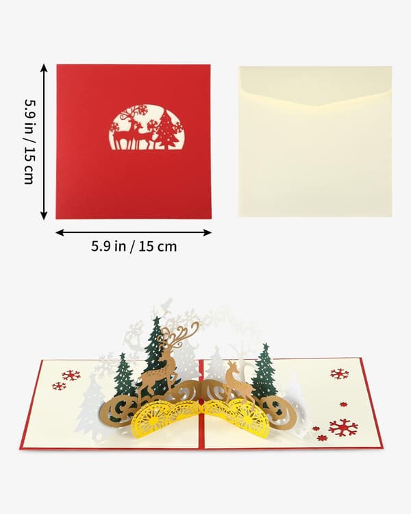 FAOKZE 6-pack 3D pop-up julkort med kuvert, laserskurna julkort med julgran, tomte och renar