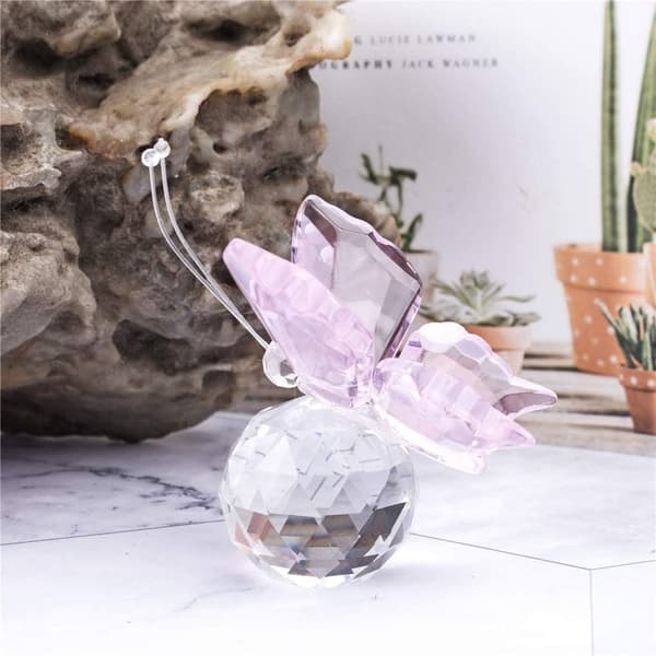 Flyvende krystal sommerfugl med krystalkugle base figur ornament statue dyre samlerobjekt til juledagsgave (blå) Pink