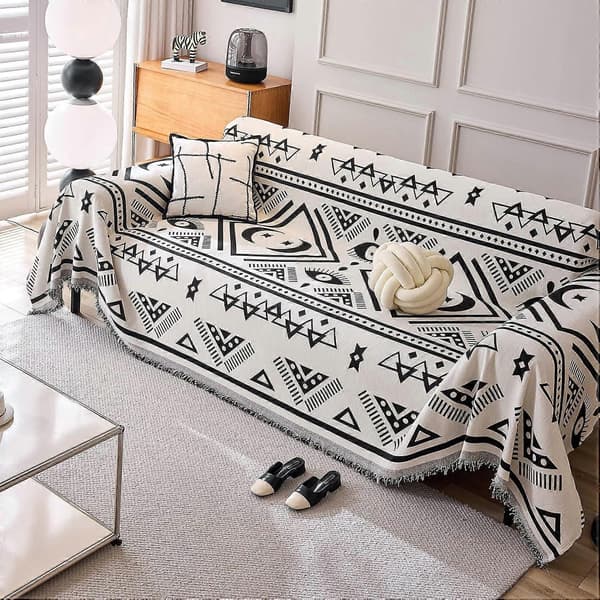 Vendbare sofabetræk Chenille Jacquard Geometrisk Boho Sofabetræk, Beige Sort Sofabetræk til Sektionssofa Chic Møbelbeskytter 180x