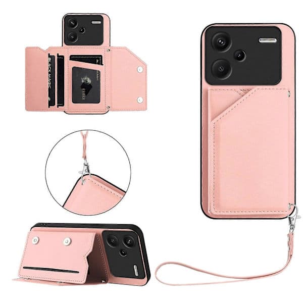Plånboksfodral för Xiaomi Redmi Note 13 Pro Plus 5G, telefonfodral med kortplats och stativfunktion med handledsrem Rosa