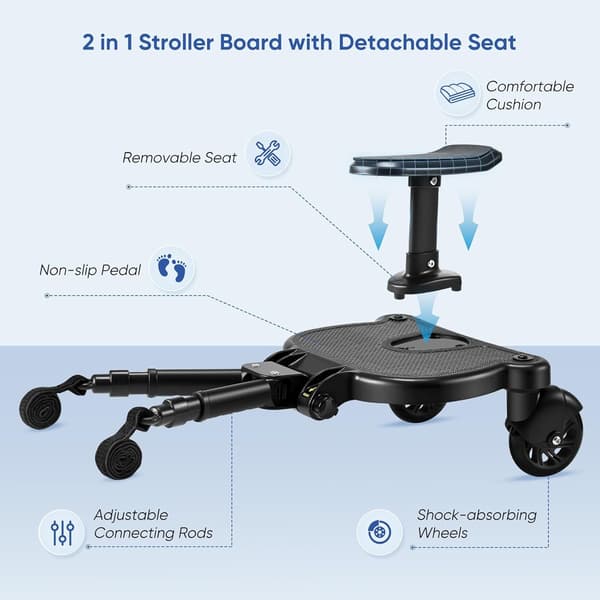 Universal Siddebræt til Barnevogn, Universal Skateboard til Barnevogn med Sæde, til Børn fra 2 til 6 År (25KG) (Sort)