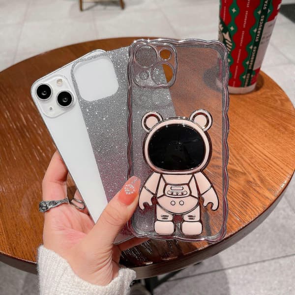 Plated Transparent Case Compatible With iPhone 14 Pro Max/14 Pro, Soft Shockproof TPU Cover With Astronaut Stand