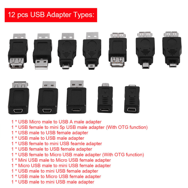 Pakke med 12 stk. Flere USB2.0-adaptere Mikro/Mini hann-kvinne-omformere-kontakter