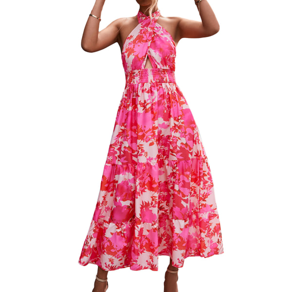Kvinner Summer Dress Backless Crossover Halter Neck Ermeløs Maxi Dress for Daily Wear Rose Red XL