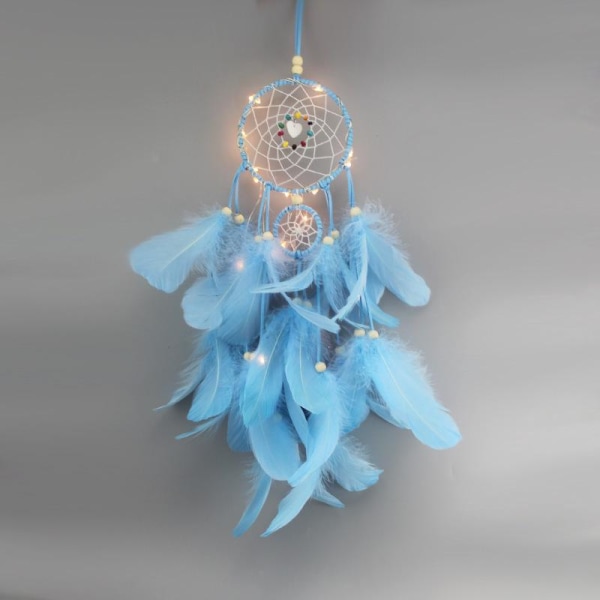 Feather Dreamcatcher med LED-lys Håndlavet bærbar dekoration Ornament Fotografi rekvisitter Blå