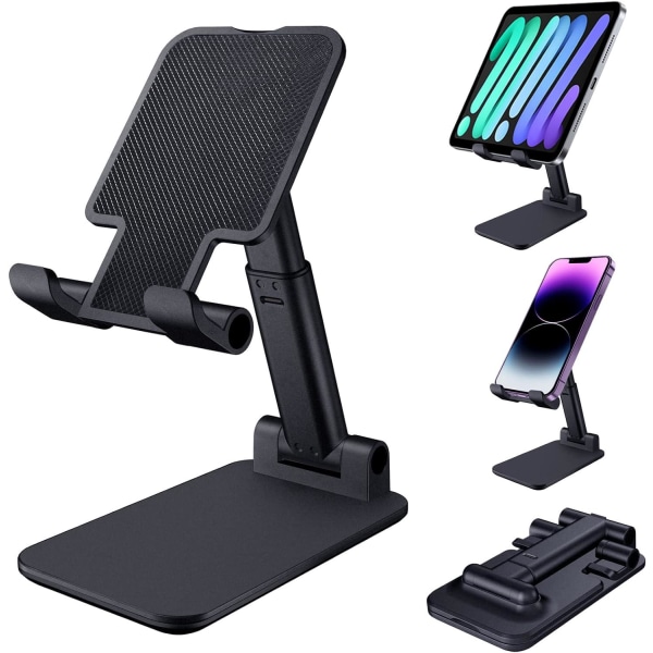 Black-Phone Stand, hopfällbart Tablet Stand Mobiltelefonhållare för skrivbordet Kompatibel med Samsung iPad Mini iPhone All Smartphone