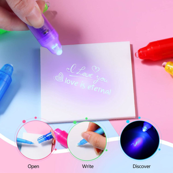 7 stk usynlig blekkpenn med UV-lys, spionpenn for å skrive hemmelig melding - bursdagsgave barn invitasjoner