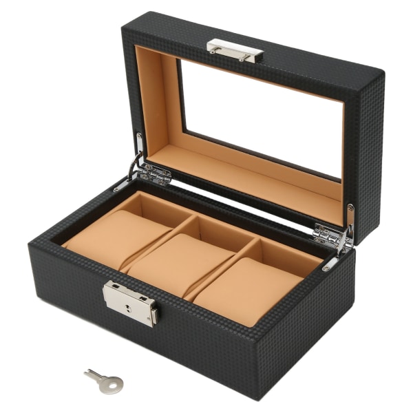 Ur Display Holder Stilfuld Light Luxury 3 Slots Låsbar Støvtæt Urkasse med Glasplade Sort