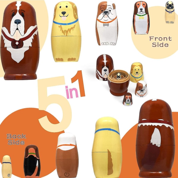 Håndlavet sæt med 5 søde russiske matryoshka-dukker - bjørn, legetøj til børn