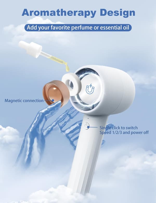 Håndholdt ventilator HA1, genopladelig, med aromaterapi, 3 hastigheder, bærbar