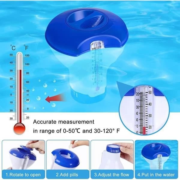 Flydende pooldiffuser - Flydende klordispenser med termometer - Velegnet til swimmingpools og spabade