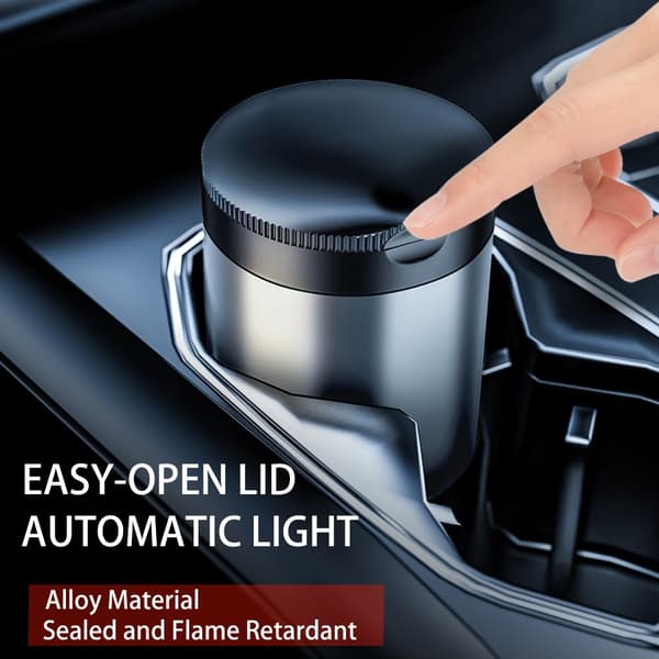 Røykfritt askebeger til bil med lokk i rustfritt stål, med automatisk sensor-LED-lys (grå)