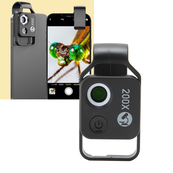 Mini taskumikroskooppi CPL-linssillä - Universal älypuhelimen mikroskooppipidike iPhonelle ja Androidille (musta)