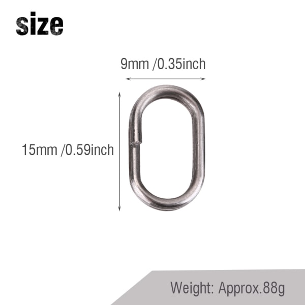 100 stk rustfritt stål ovale delte ringer Svingbar Snap fiskeredskapskobling (9x15mm)