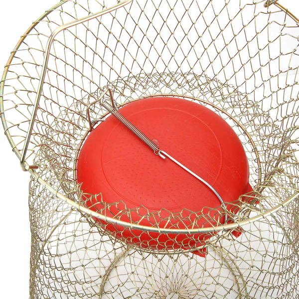 Sammenklappelig rund bærbar fiskereje kurv fiskenet bur i rustfrit stål med flydende skål, diameter 33 cm (S)