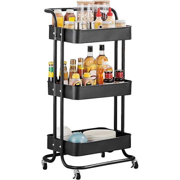 Kitchen Trolley Kitchen Shelf, with Handle and Lockable Wheels, Suitable for Bathroom and Kitchen, Black