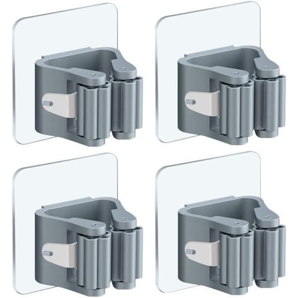 Kvast- och mopphållare, 4-pack, väggmonterad, självhäftande, ingen borrning