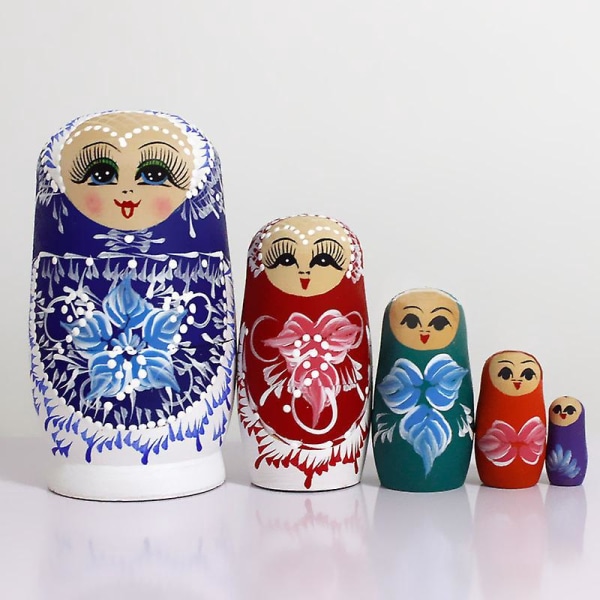 Snowflake Nesting Dolls - Set med 5 (11 cm) - Handgjorda staplingsleksaker i trä, heminredning