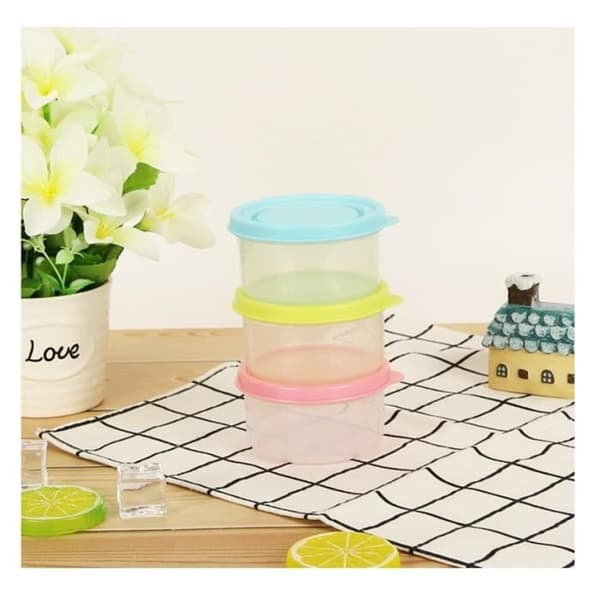 Set med 9 små förvaringsbehållare med plastlock - Gul, Blå, Rosa - 160 ml - Stapelbara