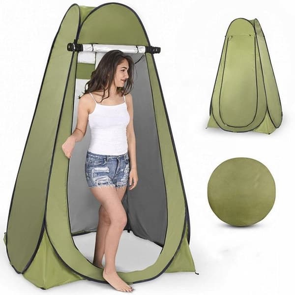 Campingtelte, brusetelte med lynlåse, vandtætte toilet-telte og flere farver.
