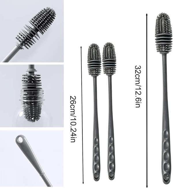 3 silikoniharjan setti - Pitkällä varrella - 32 cm ja 26 cm - Pullojen, lasien puhdistukseen - Harmaa