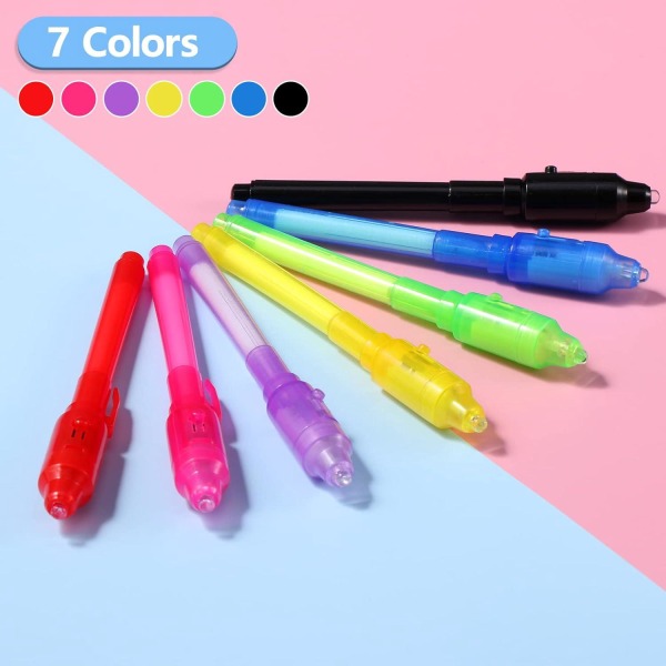 7 st Invisible Ink Pen med UV-ljus, Spy Penna för att skriva hemligt meddelande - Födelsedagspresent Barninbjudningar