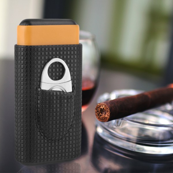 Leather Cedar Wood 3 Tube Travel Cigar Case Humidor with Cigar Cutter
