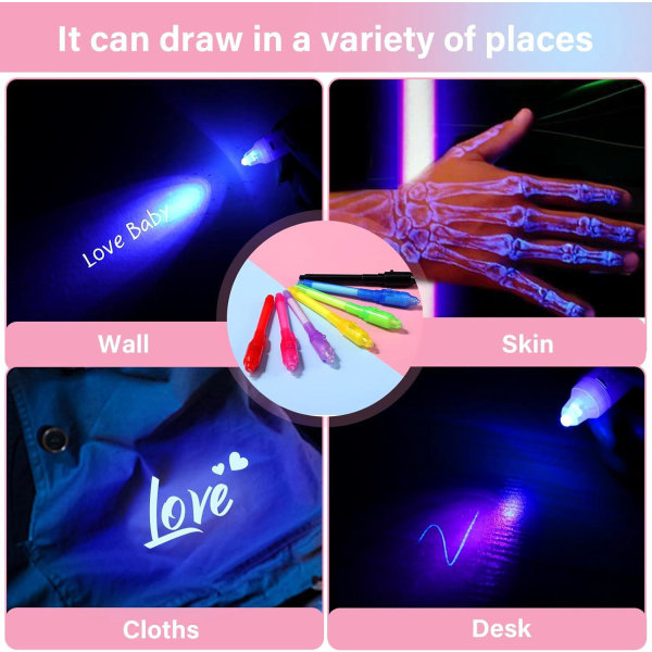 7 stk usynlig blækpen med UV-lys, spionpen til at skrive hemmelig besked - fødselsdagsgave børn invitationer