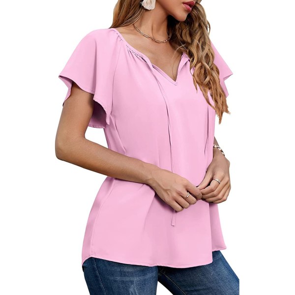 Nainen casual sifonkitoppi printed V-kaula lyhythihainen pusero paita kiristysnyörillä kesän vaaleanpunaiselle XL