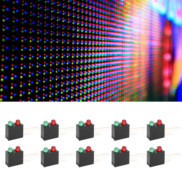 LED-plaststativ - 100 st, dubbla hål, svart kvadrat, 90 graders bågbas med rött och grönt ljus 3 mm