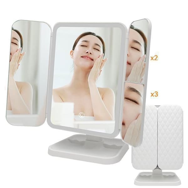 Makeup-spejl - Triptyk - 52 LED'er - 2X/3X forstørrelse - 3-farvet dæmpbart lys