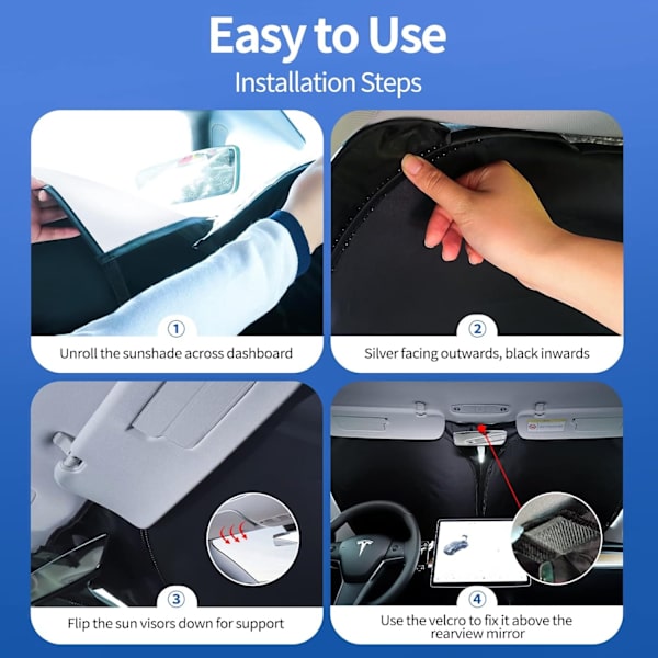 Foldable Sunshade for Tesla Model 3/Y (2025 Update) - Front Windshield, Double Layer Opaque Fabric, with Storage Bag