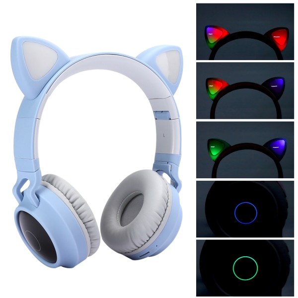 Cat Ear Bluetooth 5.0-hodetelefoner LED-støyreduksjon Unge mennesker Barn Søt hodesettstøtte Minnekort Gråblått