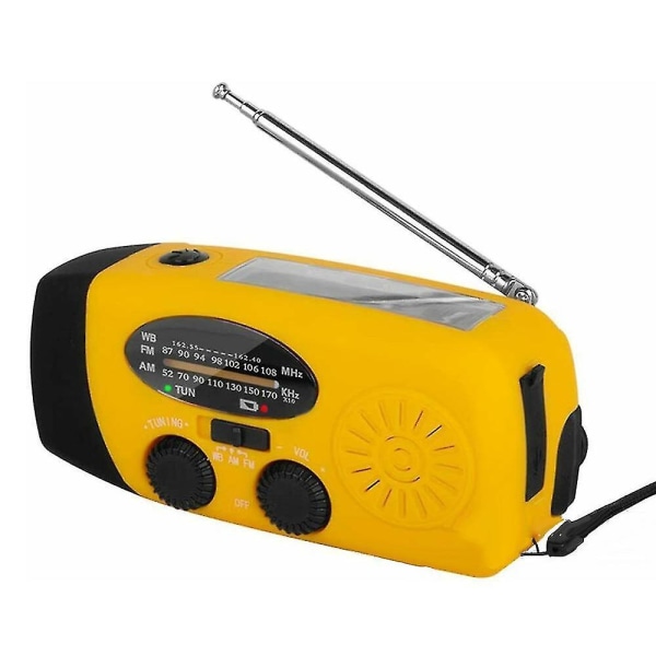 Keltainen hätäauringon käsikammen sääradio, jossa on LED-taskulamppu ja puhelimen power