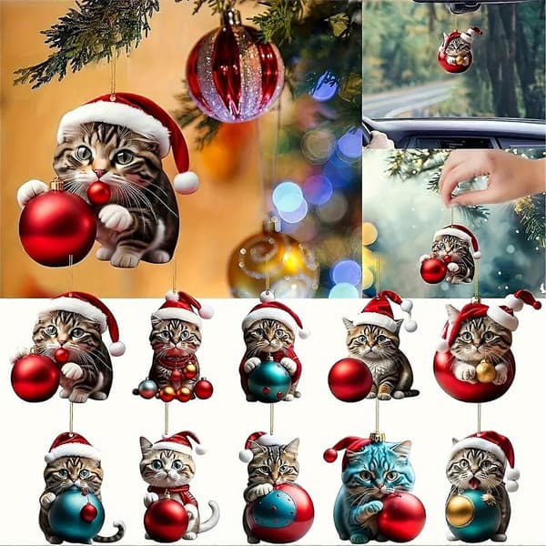 Julekalender med 24 dele - Katte-tema ornamenter og akryl julepynt