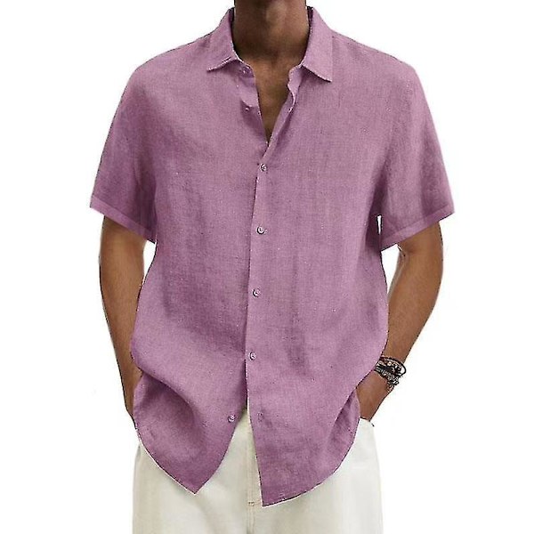 Men's Summer Cotton Linen Loose Button-Down Short Sleeve Blouse 3XL pink